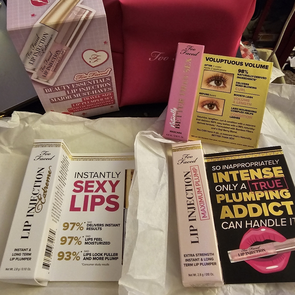 Too Faced travel bag with 2 Lip Injections, & Better Than sex Mascara